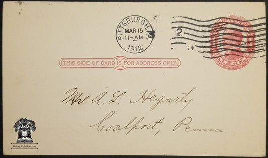 1912 Telephone Investment Company Securities Request Postcard Pittsburgh PA - Mailed To Hegarty Coalport PA - Postal Cancel Pittsburgh PA - One Cent McKinley Postal Card - Scott UX24