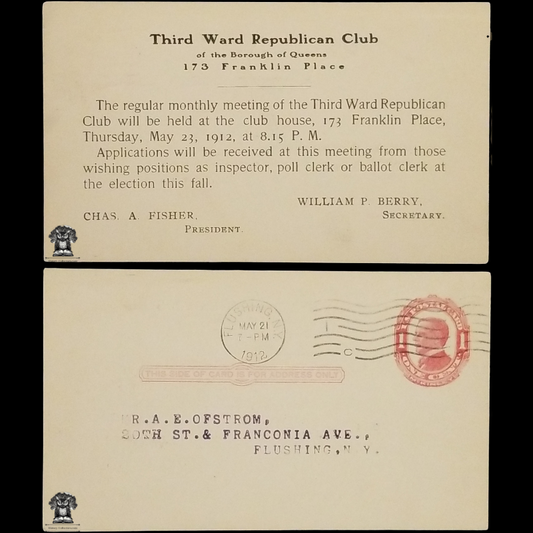 1912 Third Ward Republican Club Monthly Meeting Notice Postal Card - Borough Of Queens - Flushing New York - 173 Franklin Place - Typewriter Address - One Cent Red McKinley Scott UX24 - Machine Duplex Postal Cancel May 21 - Postcard