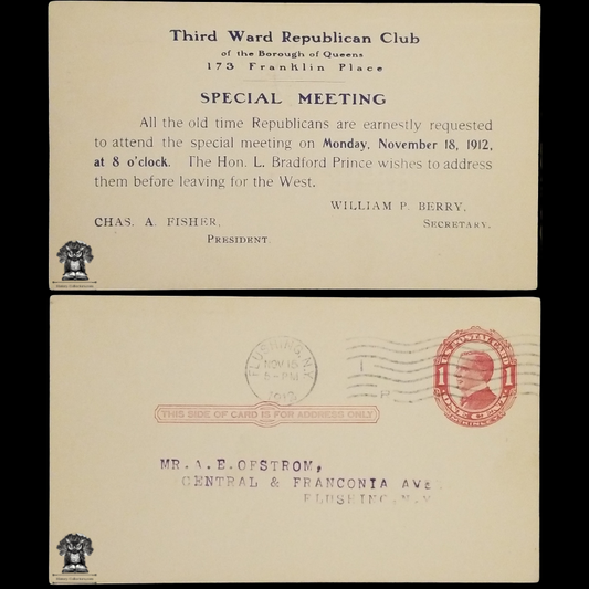 1912 Third Ward Republican Club Special Meeting Notice Postal Card - The Hon. L. Bradford Prince - Borough Of Queens - Flushing New York - 173 Franklin Place - One Cent Red McKinley Scott UX24 - Machine Duplex Postal Cancel November 15 - Postcard