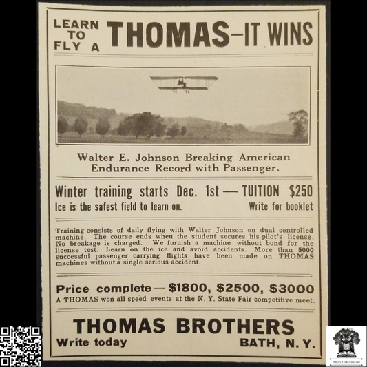 1912 Thomas Brothers School Of Aviation Print Advertisement Clipping - Biplane Flight Training - Bath New York - Walter E. Johnson - Sandusky Ohio - Aviation History - Ready For Framing