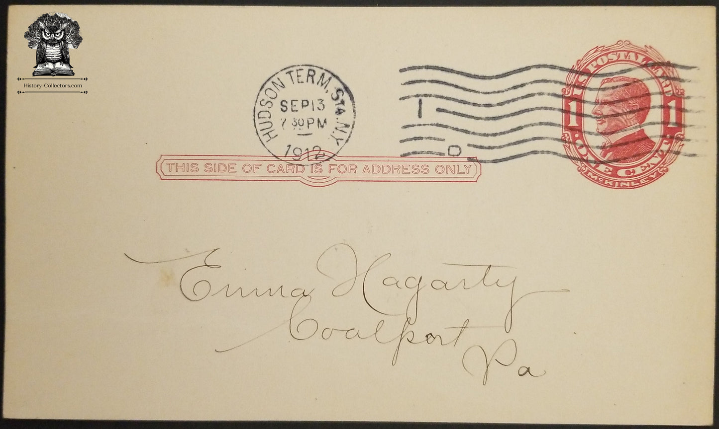 1912 Tonopah Extension Mining Company Financial Report Postcard - Church Street NY - One Cent McKinley Postal Card - Scott UX24 - Hudson Terminal Station Postal Cancel