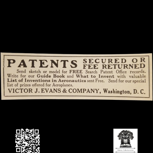 1912 Victor J. Evans & Company Print Advertisement Clipping - Patent Agency Aeronautics Filing - Washington D.C. - Aviation History - Ready For Framing
