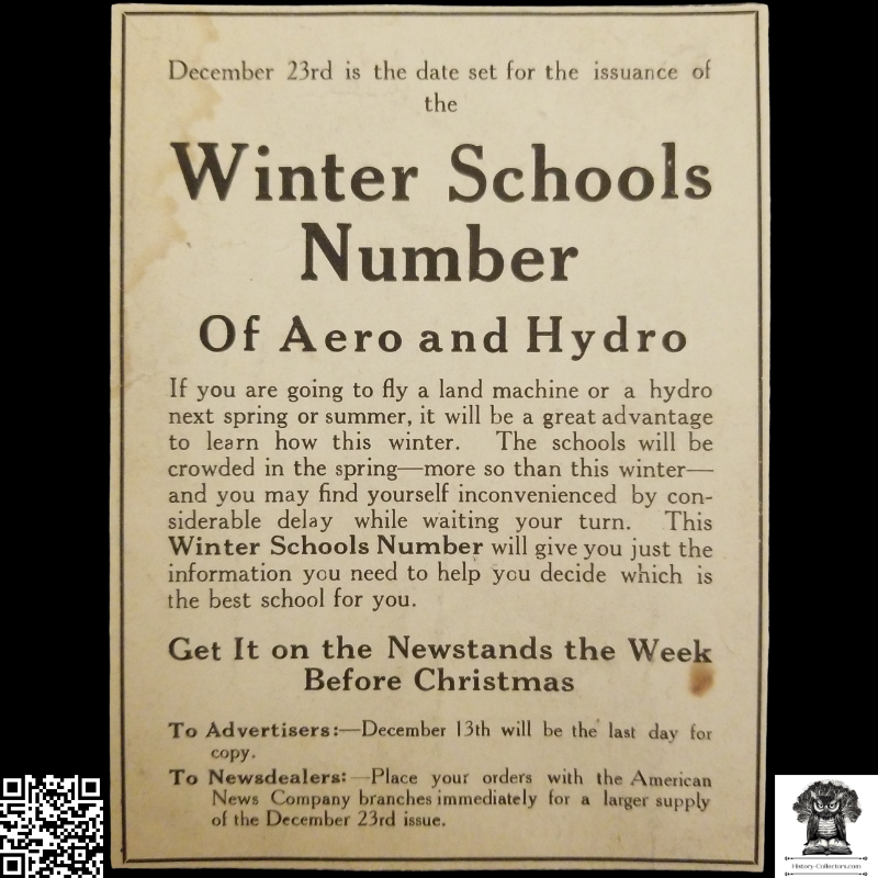 1912 Winter Schools Number of Aero and Hydro School Print Advertisement Clipping - Flight Training - Aviation History - Ready For Framing