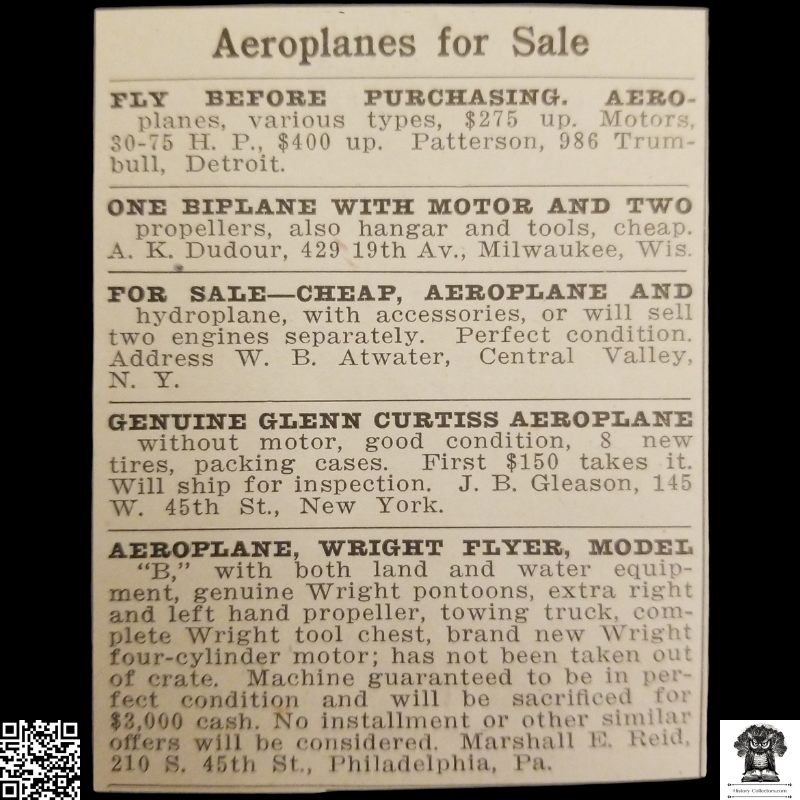 1913 Aeroplanes For Sale Advertisement Clipping - Wright Flyer Model B - Glenn Curtiss - Aviation History