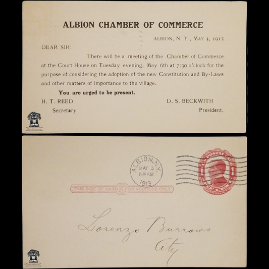 1913 Albion New York Chamber Of Commerce Meeting Postal Card - Constitution By-Laws Adoption - Lorenzo Burrows - One Cent McKinley Red Scott UX24 - Postal Cancel May 3 - Postcard