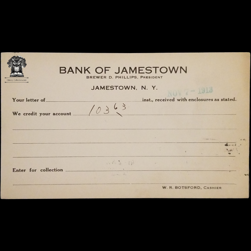 1913 Bank Of Jamestown Personal Deposit Receipt Postal Card - New York - Brewer D Phillips President - Kennedy New York - One Cent McKinley Red Scott UX24 - Postal Cancel November 7 - Postcard