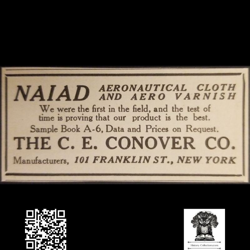 1913 C.E. Conover Company NAIAD Aeronautical Cloth & Aero Varnish Advertisement Clipping - 101 Franklin Street New York - Aviation History