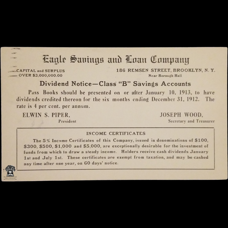 1913 Eagle Savings And Loan Company Dividend Notice Postal Card - 186 Remsen Street - Brooklyn New York - One Cent McKinley Red Scott UX24 - Postal Cancel January 1 - Postcard