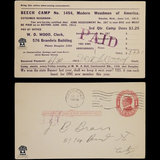 1913 Modern Woodmen Of America Beech Camp No. 1454 3rd Quarter Dues Postal Card - Omaha Nebraska - One Cent McKinley Red Scott UX24 - Postal Cancel Jul 3 - Postcard