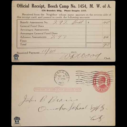 1913 Modern Woodmen Of America Beech Camp No 1454 Official Receipt Postal Card - Omaha Nebraska - One Cent McKinley Red Scott UX24 - Postal Cancel December 4 - Postcard