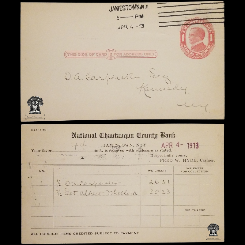 1913 National Chautauqua County Bank Deposit Postal Card - Jamestown NY - One Cent McKinley Red Scott UX24 - OA Carpenter Esq - Kennedy NY - Postal Cancel April 4 - Postcard