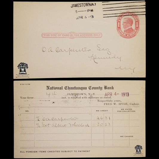 1913 National Chautauqua County Bank Deposit Postal Card - Jamestown NY - One Cent McKinley Red Scott UX24 - OA Carpenter Esq - Kennedy NY - Postal Cancel April 4 - Postcard