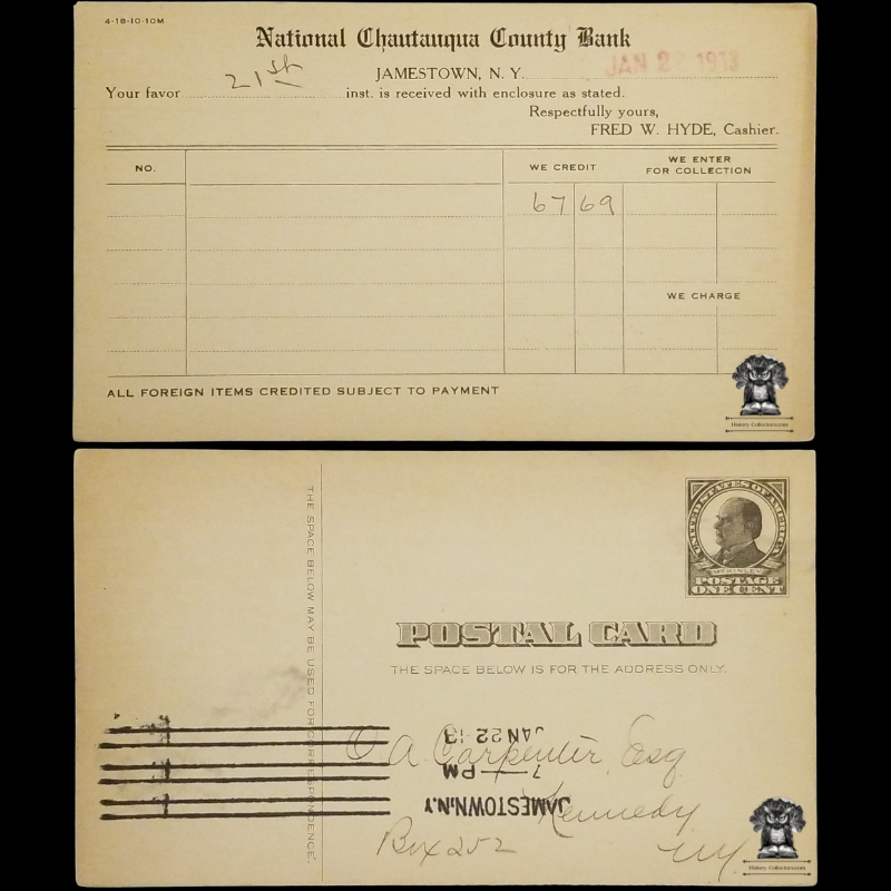 1913 National Chautauqua County Bank Deposit Postal Card - Jamestown NY - One Cent McKinley Square Black Scott UX19 - OA Carpenter Esq - Kennedy NY - Missed Postal Cancel January 22 - Postcard