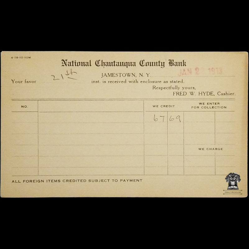 1913 National Chautauqua County Bank Deposit Postal Card - Jamestown NY - One Cent McKinley Square Black Scott UX19 - OA Carpenter Esq - Kennedy NY - Missed Postal Cancel January 22 - Postcard