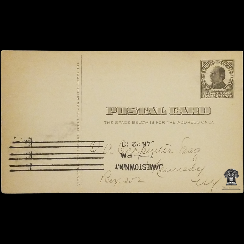 1913 National Chautauqua County Bank Deposit Postal Card - Jamestown NY - One Cent McKinley Square Black Scott UX19 - OA Carpenter Esq - Kennedy NY - Missed Postal Cancel January 22 - Postcard