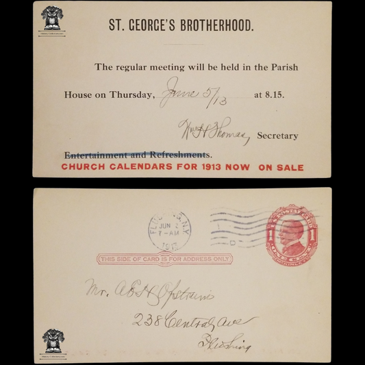 1913 St George's Brotherhood Meeting Announcement Postal Card - Episcopal Church - Flushing Queens New York - One Cent McKinley Red Scott UX24 - Postal Cancel June 2 - Postcard