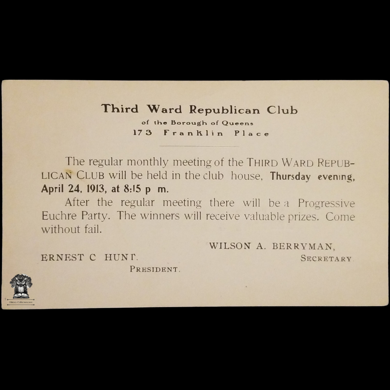 1913 Third Ward Republican Club Meeting Announcement Postal Card - Borough Of Queens New York - 173 Franklin Place - One Cent McKinley Red Scott UX24 - Progressive Euchre Party - Postal Cancel Flushing NY April 23 - Postcard