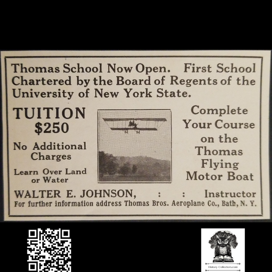 1913 Thomas School Aviation Flight Training School Print Advertisement Clipping - Bath New York - University Of New York State - Ready For Framing