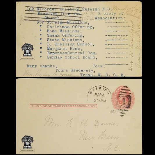 1913 Woman's Central Committee On Missions Donation Receipt Postal Card - 102 Recorder Building - Raleigh North Carolina - New Bern - One Cent Lincoln Red Scott UX23 - Fancy Postal Cancel March 4 - Postcard