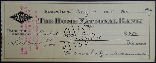 1914 Home National Bank Cancelled Check - Elgin / Chicago IL - Pabst Brewing Co