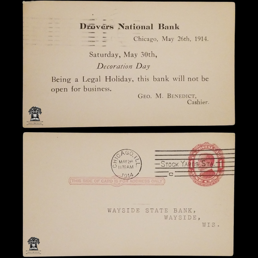 1914 Drovers National Bank Postal Card - Chicago Illinois - Decoration Day - One Cent McKinley Red Scott UX24 - Wayside State Bank - Wisconsin - Postal Cancel Stock Yards Station May 26 - Postcard