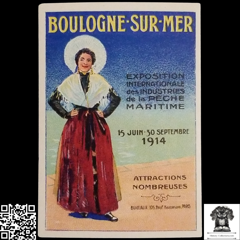 1914 International Exhibition Of Maritime Fishing Industries Advertising Label - Boulogne-Sur-Mer France - WWI Era