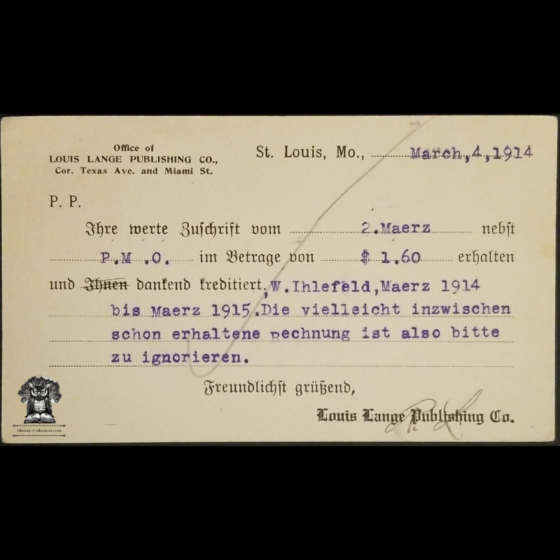 1914 Louis Lange Publishing Co Order Confirmation Postal Card - German Language - Texas Ave Miami St - One Cent McKinley Red Scott UX24 - Sent To Davenport Iowa - Postal Cancel St Louis Missouri March 4 - Postcard