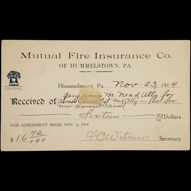 1914 Mutual Fire Insurance Company Assessment Receipt Postal Card - Hummelstown Pennsylvania - Harrisburg PA - One Cent McKinley Red Scott UX24 - Postal Cancel November 21 - Postcard