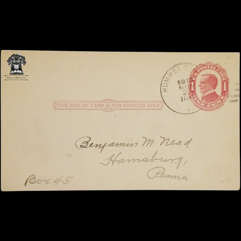 1914 Mutual Fire Insurance Company Assessment Receipt Postal Card - Hummelstown Pennsylvania - Harrisburg PA - One Cent McKinley Red Scott UX24 - Postal Cancel November 21 - Postcard