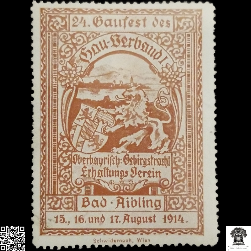 1914 Upper Bavarian Mountain Costume Preservation Association Cinderella Poster Stamp - 24th District Festival - Bad Aibling Bavaria - German Empire - WWI Era - Publisher Schwidernoch Vienna - Art Nouveau