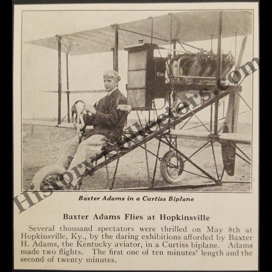 1915 Baxter H. Adams Curtiss Biplane Photograph Print Clipping - Hopkinsville Kentucky - Public Flight Demonstration - WWI Era - May 8 - Ready For Framing