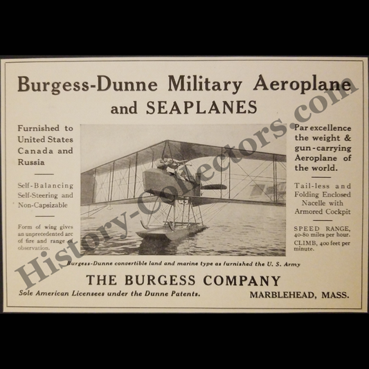1915 Burgess-Dunne Military Aeroplane And Seaplanes Advertisement Photograph Print Clipping - The Burgess Company - Marblehead Massachusetts  - British Dunne Patents - WWI Era - Ready For Framing