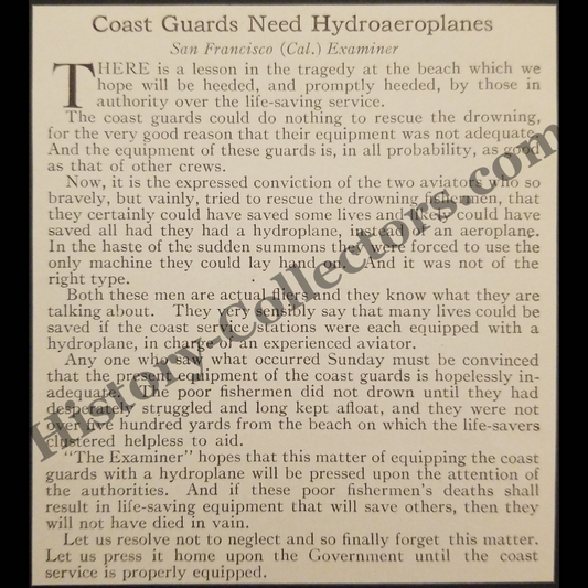 1915 Coast Guard Needs Hydroaeroplanes News Clipping - San Francisco Examiner California - WWI Era - Ready For Framing