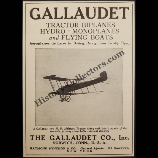 1915 Gallaudet Company Advertisement Print Clipping - Norwich Connecticut - Tractor Biplanes - Hydro Biplanes - Flying Boats - Raymond Pynchon Company New York - WWI Era - Ready For Framing