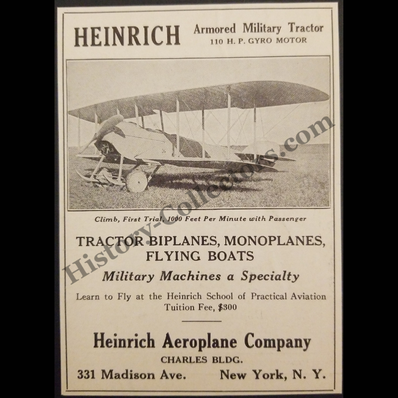 1915 Heinrich Aeroplane Company Print Advertisement Clipping - 331 Madison Avenue New York - Armored Military Tractor Biplane - Monoplane - Flying Boat - WWI Era - Ready For Framing