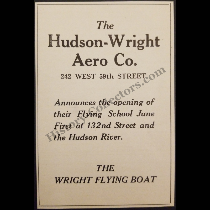 1915 Hudson-Wright Aero Company Advertisement Print Clipping - 132nd Street And Hudson River New York City - Wright Flying School - WWI Era - Ready For Framing