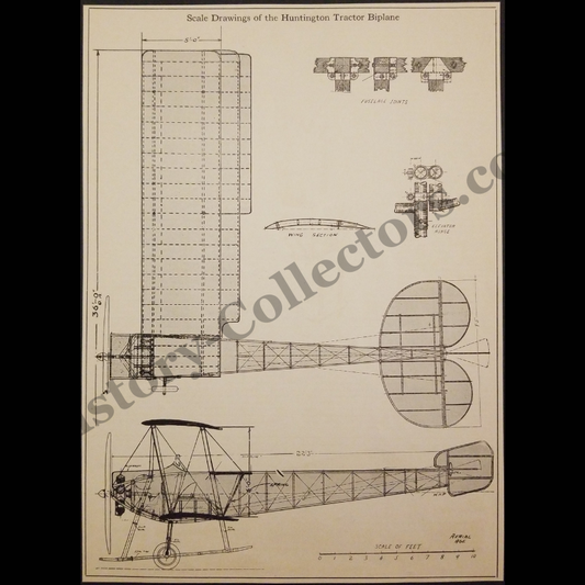 1915 Huntington Tractor Biplane Technical Blueprint - Huntington Aircraft Company - WWI Era - Ready For Framing