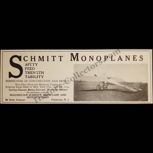 1915 Maximilian Schmitt Aeroplane and Motor Works Print Advertisement Clipping - 96 Dale Avenue Paterson New Jersey - Monoplanes - Blackton Trophy New York City - WWI Era - Ready For Framing