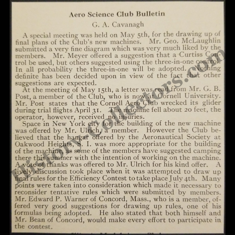 1915 New York Aero Science Club Print Clipping - WWI Era - Ready For Framing