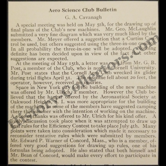 1915 New York Aero Science Club Print Clipping - WWI Era - Ready For Framing