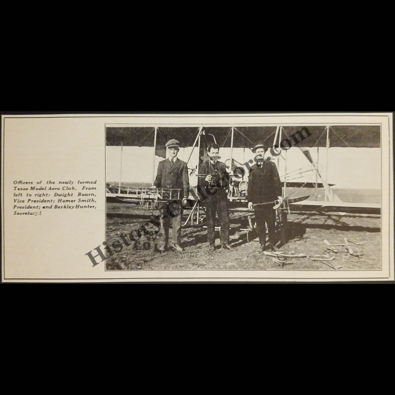 1915 Texas Model Aero Club Photograph Print Clipping - Dwight Bourn Vice President - Hamer Smith President - Berkley Hunter Secretary - WWI Era - Ready For Framing