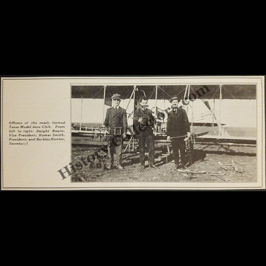 1915 Texas Model Aero Club Photograph Print Clipping - Dwight Bourn Vice President - Hamer Smith President - Berkley Hunter Secretary - WWI Era - Ready For Framing