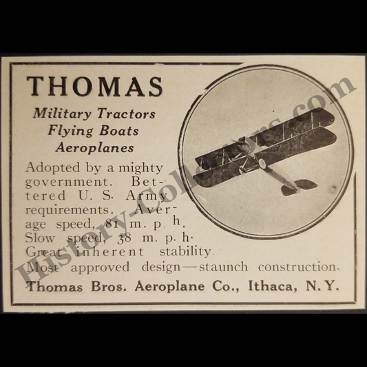 1915 Thomas Bros. Aeroplane Company Print Advertisement Clipping - Ithaca New York - Military Tractors - Flying Boats - WWI Era - Ready For Framing