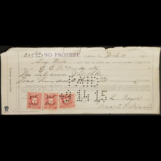 1915 United States Post Office Promissory Note Financial Document - Lebanon National Bank - Pennsylvania - Punch Marked Paid September 14 1915 - IRS Documentary Revenue Stamps R208 - First National Bank Ink Stamped - RJ Boyer Printer