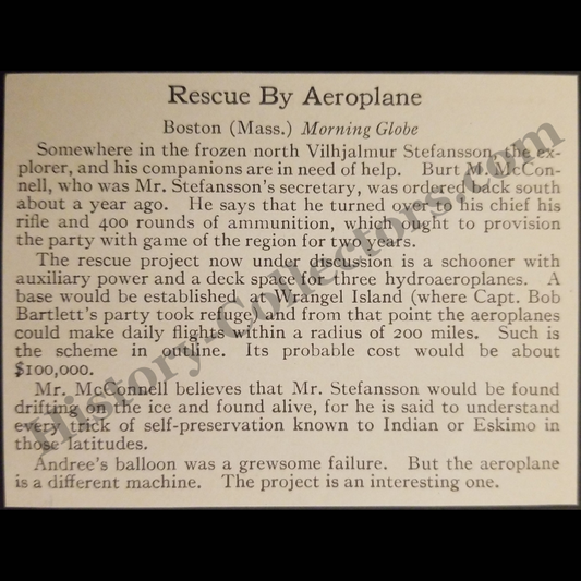 1915 Vilhjalmur Stefansson Aeroplane Arctic Rescue Mission Plan News Clipping - Boston Morning Globe - WWI Era - Ready For Framing