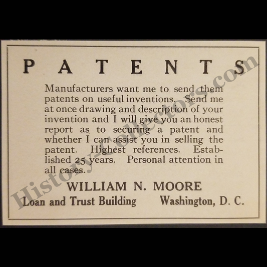 1915 William N. Moore Patent Services Print Advertisement Clipping - Loan And Trust Building - Washington D.C. - WWI Era - Ready For Framing
