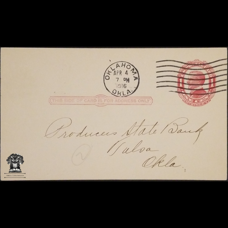 1916 Oklahoma Bankers Association Dues Subscription Receipt Postal Card - 908 Colcord Building - Producers State Bank - Tulsa Oklahoma - One Cent McKinley Red Scott UX24 - Postal Cancel Oklahoma April 4 - Postcard