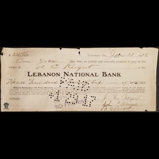 1916 Promissory Note Financial Document - Lebanon National Bank - Pennsylvania - Punch Marked Paid January 29 1917
