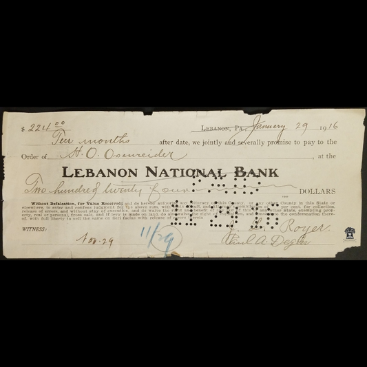 1916 Promissory Note Financial Document - Lebanon National Bank - Pennsylvania - Punch Marked Paid November 29 1916 - IRS Documentary Revenue Stamps R199 R197 - Womelsdorf Union Bank Ink Stamped