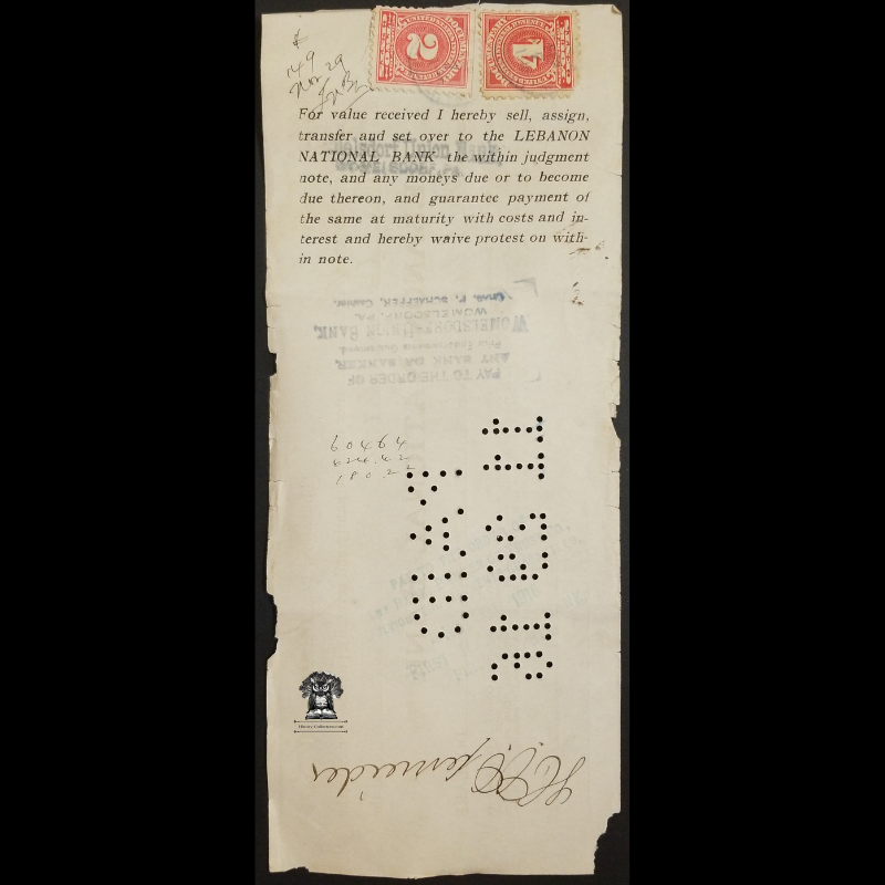 1916 Promissory Note Financial Document - Lebanon National Bank - Pennsylvania - Punch Marked Paid November 29 1916 - IRS Documentary Revenue Stamps R199 R197 - Womelsdorf Union Bank Ink Stamped